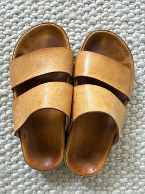 FEIT Tan Leather Double-Strap Slide Sandals